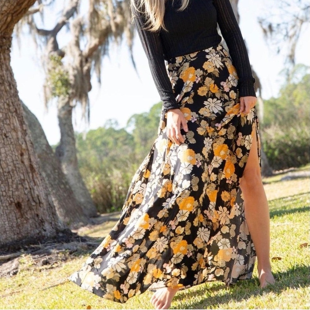 Natural Life Floral Maxi Skirt XS Black Orange Boho Hippie Cottagecore Slit